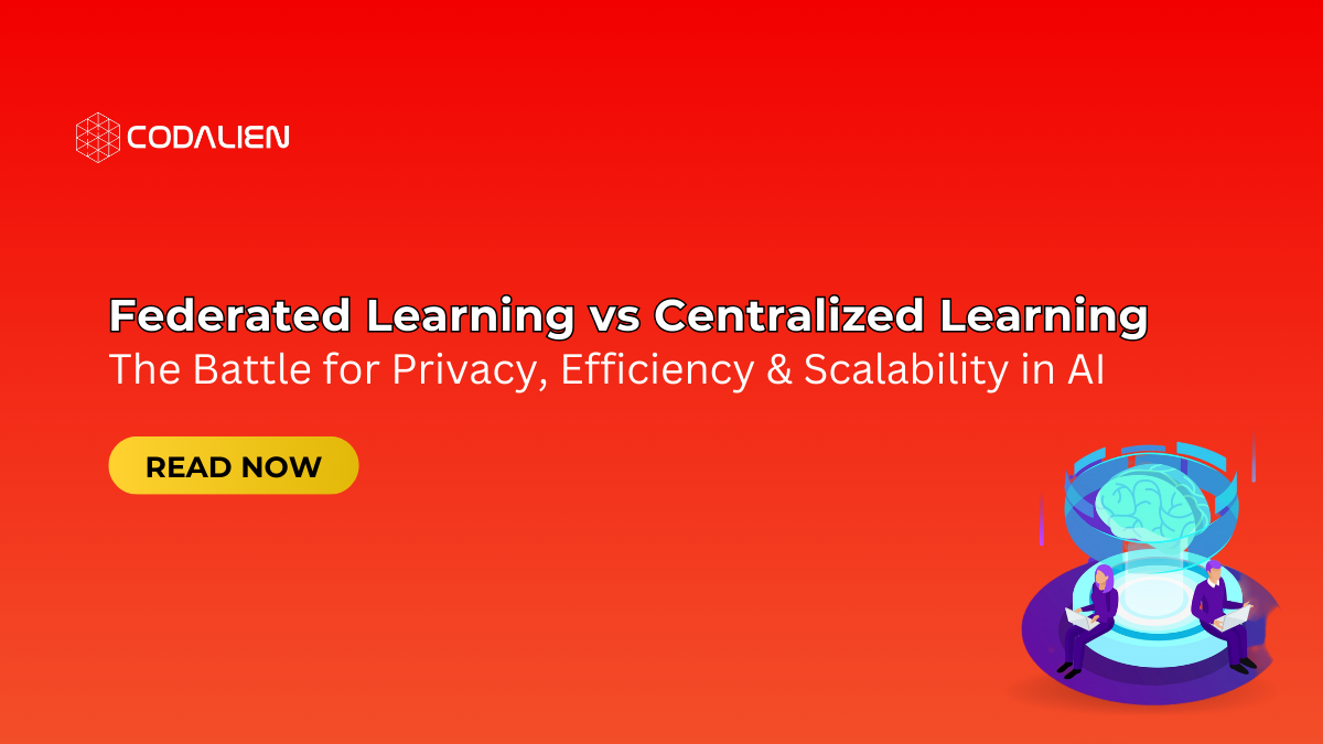 Illustration comparing Federated Learning and Centralized Learning with data flow, privacy icons, and network diagrams.