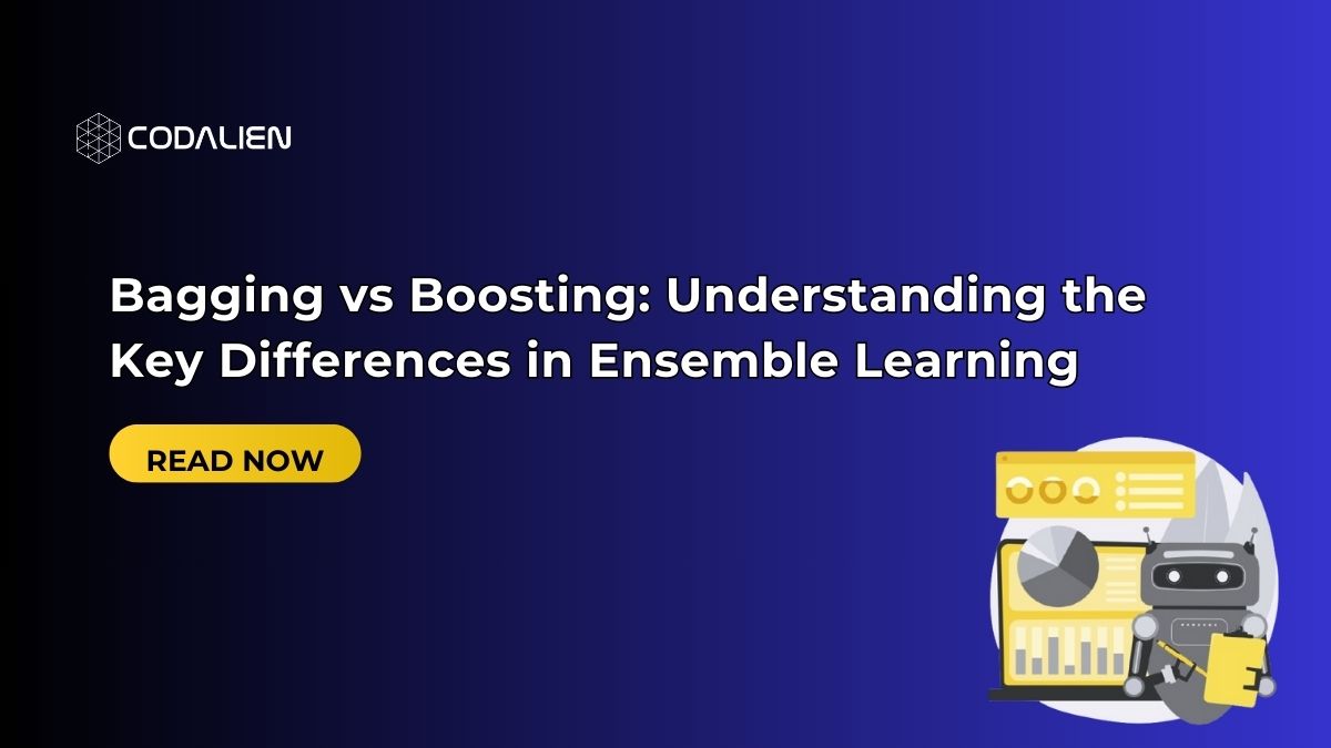 Illustration of ensemble learning concepts, featuring Bagging and Boosting techniques, accompanied by a robot and data graphs on a blue gradient background.