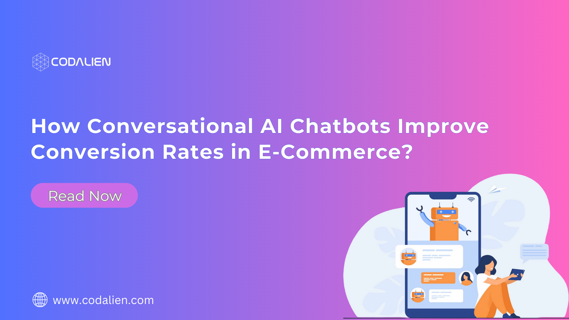 Banner image with the text 'How Conversational AI Chatbots Improve Conversion Rates in E-Commerce,' featuring a digital shopping cart and chatbot icons symbolizing customer engagement and support in online retail.